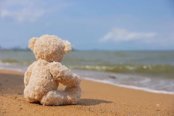 Único Urso Pelúcia Sentado Praia Sozinho Olhar Mar — Fotografia de Stock