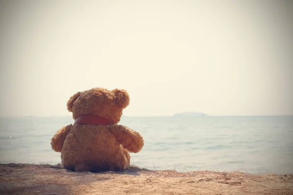 Single brown teddy bear sitting on the beach looking to the sea. Style retro vintage tone.