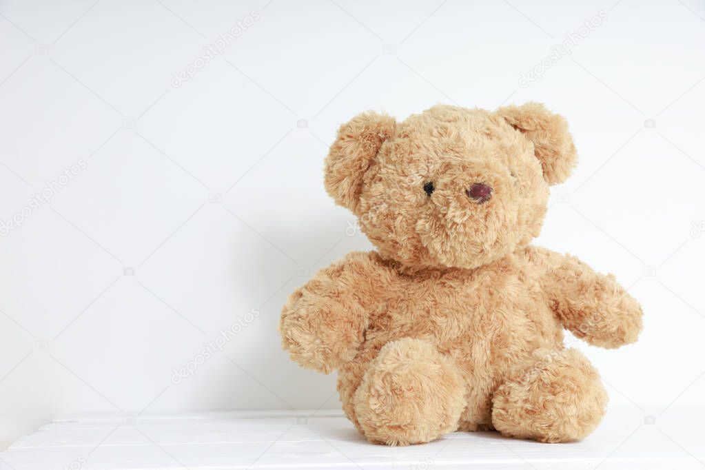 Fluffy brown teddy bear isolated on white background.