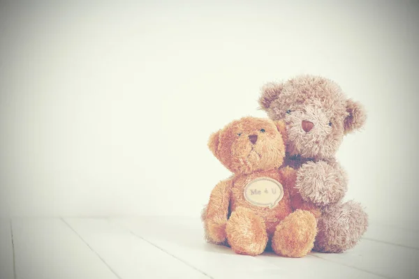 Teddybär Paar Auf Weißem Holz Konzept Liebe Valentinstag Mit Copy — Stockfoto