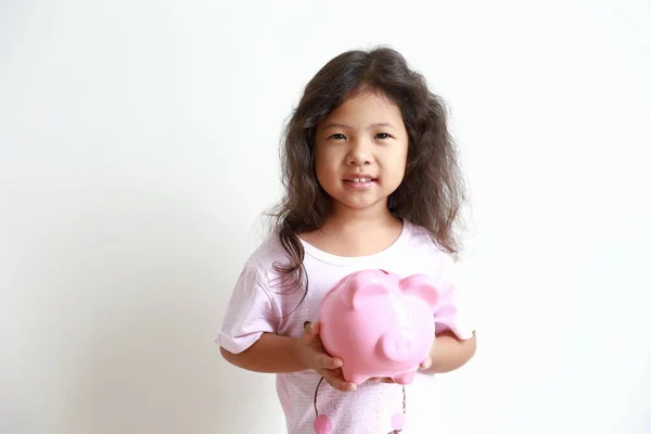 Porträt Eines Lächelnden Mädchens Das Sein Rosa Sparschwein Für Zukünftige — Stockfoto