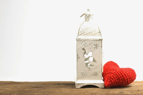 White Metal Lantern Red Yarn Heart Wooden Table White Background — Stock Photo, Image