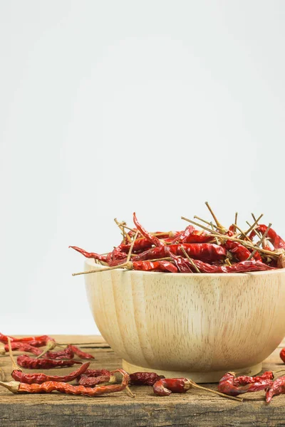 Dry chillies in the bowl on wooden table white background.