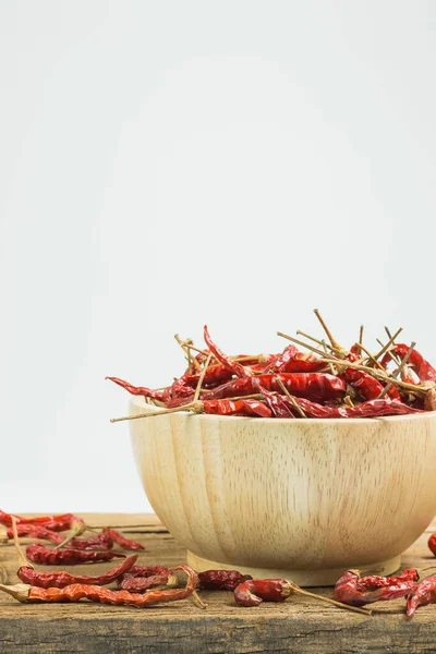 Chiles Secos Tazón Sobre Mesa Madera Fondo Blanco — Foto de Stock