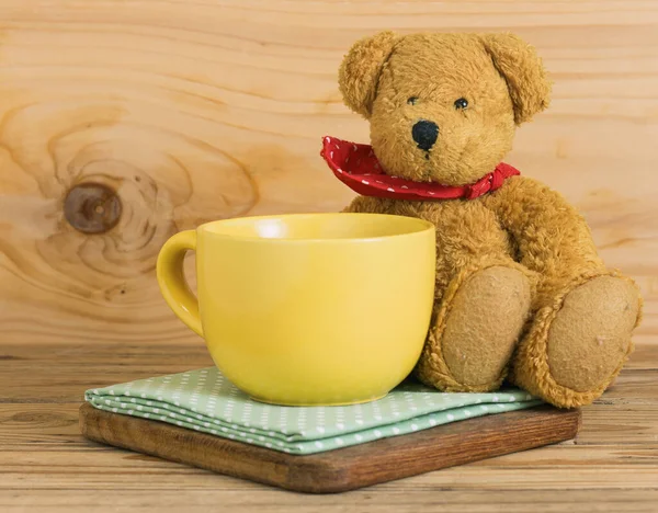 Yellow Empty Cup Coffee Fabric Teddy Bear Sitting Wood Background — Stock Photo, Image