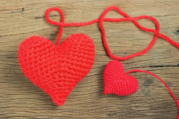 Heart Knitting Red Old Wood Background Copy Space Write Text — Stock Photo, Image