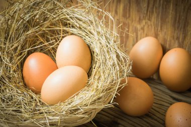 Tahta arka planda saman sepetinde yumurtalar. Metin yazmak için sağ tarafta kopyalama alanı ile.