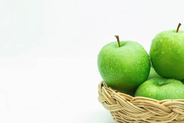 Fresh Green Apples Wicker Basket Isolated White Background Copy Space — Stock Photo, Image