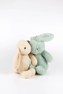 Yeşil tavşan bebek beyaz arka planda oturan kahverengi tavşan bebekle konuşuyor..