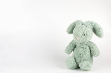 Beyaz arka planda oturan yeşil tavşan bebek.