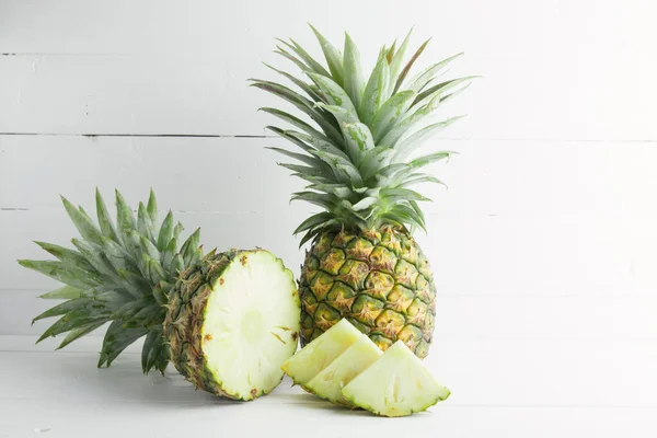 One Pineapple Half Cut Pineapple Put White Wood Table — Stock Photo, Image