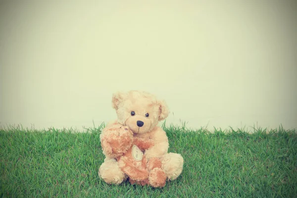 Twee Teddyberen Knuffelend Groene Graswitte Achtergrond Vintage Stijl — Stockfoto