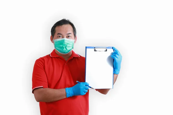 Portrait Asian Employees Wear Red Uniforms Wear Blue Glove Medical — Stock Photo, Image