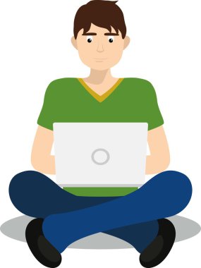 Genç oturan ve laptop ile çalışan adam. İzole vektör.