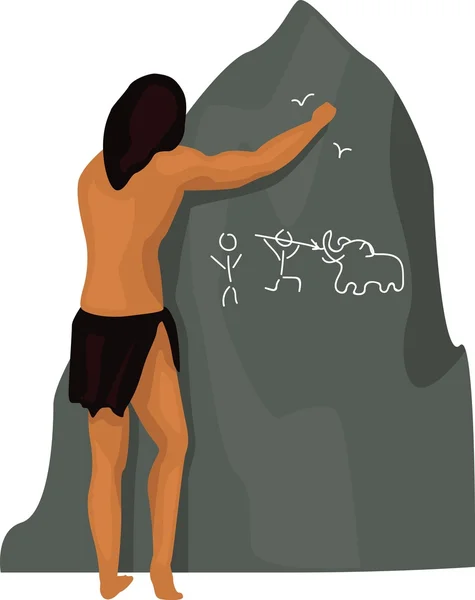 Caveman menggambar di batu - Stok Vektor