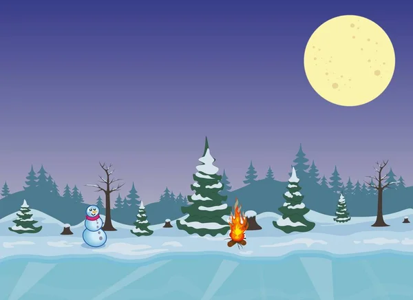 Forêt hivernale nocturne avec feu et bonhomme de neige — Image vectorielle