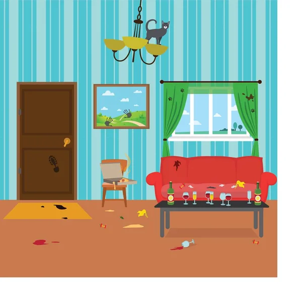 Sucio habitación después de fiesta — Vector de stock