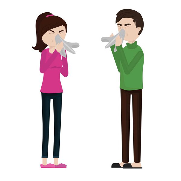 Coughing couple: boy and girl. Sick person, ill and cold, flu and virus, influenza concept