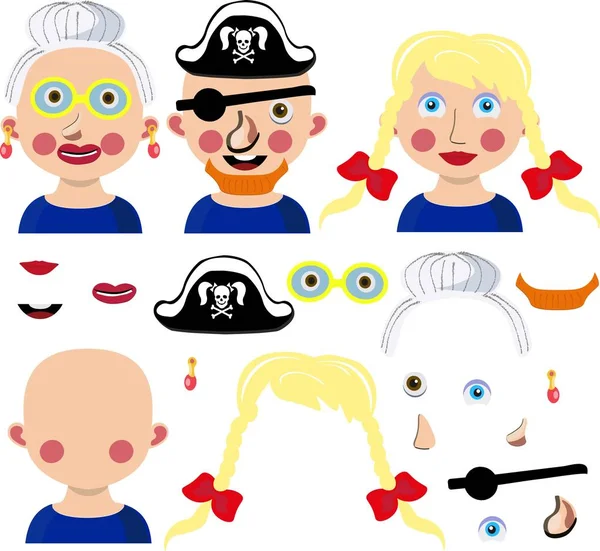 Funny cartoon face parts: girl, pirate, granny. — Stock Vector