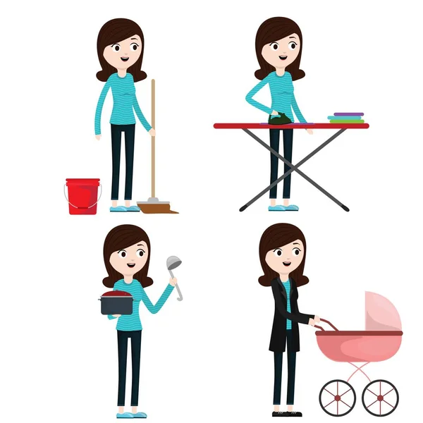 Conjunto de actividades de ama de casa: limpieza, cocina, planchado, caminar con el bebé . — Vector de stock