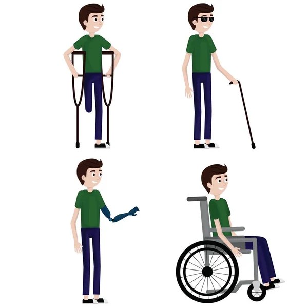 남자 세트 비활성화: 한 다리, 휠체어, 맹인, 한 손으로. — 스톡 벡터