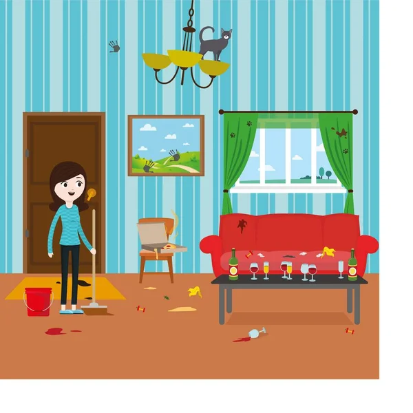 Zabawna dziewczyna kreskówka sprzątanie pokoju — Wektor stockowy