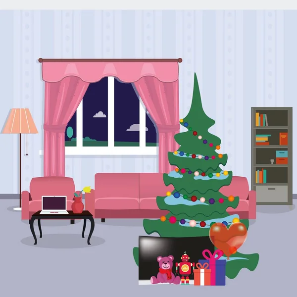Vánoční dárky pod stromeček v pokoji — Stockový vektor