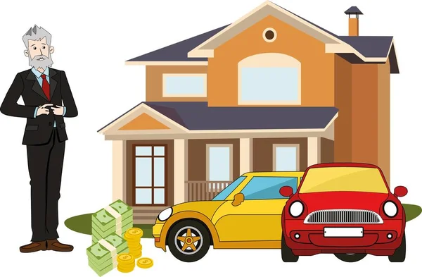 Velho rico com casa grande, carros, dinheiro. Ilustração realista . —  Vetores de Stock