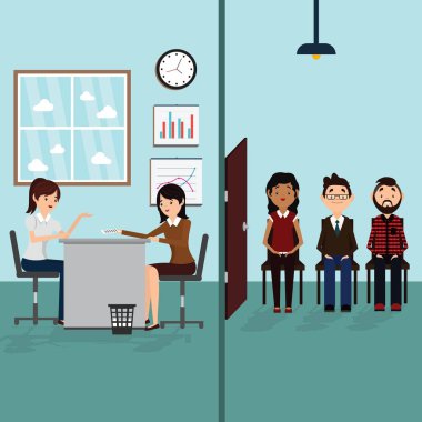 Ofiste iş görüşmesi. İş adamları, erkek ve kadın iş görüşmesi için bekliyor.