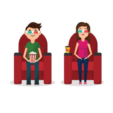 Düz erkek ve Kız bardaklarda 3d film izlerken sinemada oturuyor