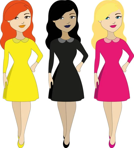 Szép fiatal nők különböző színű ruhák — Stock Vector