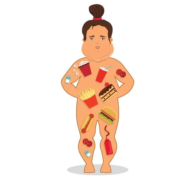 Gros fille avec fast food dans son corps — Image vectorielle