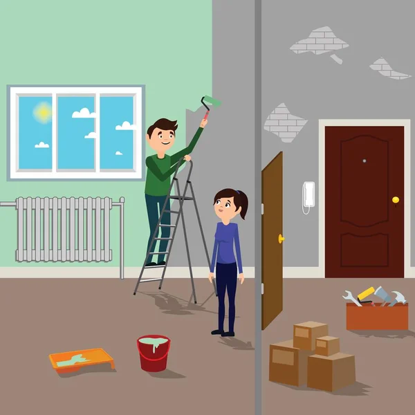 Reparação de quartos no apartamento. Homem e mulher fazendo renovação interior em casa . —  Vetores de Stock