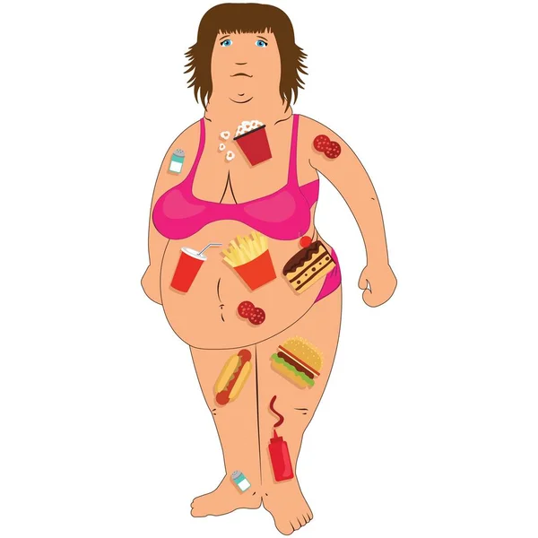 Donna grassa con fast food all'interno — Vettoriale Stock