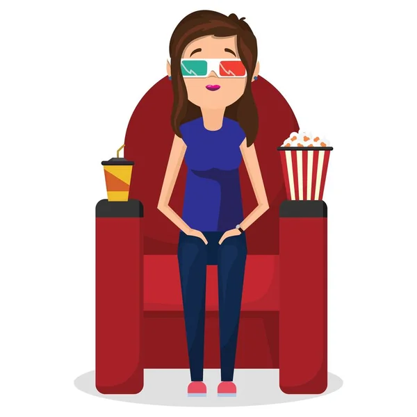 Dziewczyna siedzi w kinie i oglądając film — Wektor stockowy