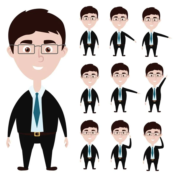 Cartoon businessman action poses: hold glasess, show something, lift hand up — Stock Vector