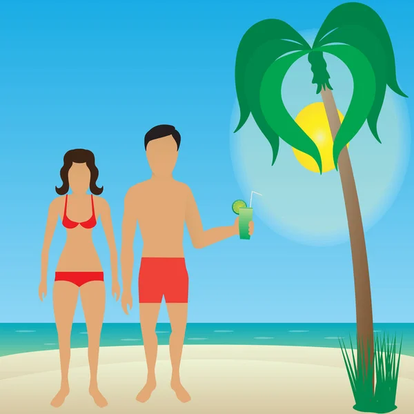 Vector moderno diseño plano playa de verano. Un hombre de pie con una mujer con un cóctel en la mano — Archivo Imágenes Vectoriales