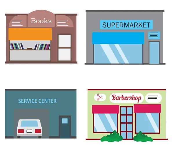 Negozi e negozi icone in stile flat design. Negozio di barbiere, supermercato, libreria e centro servizi — Vettoriale Stock