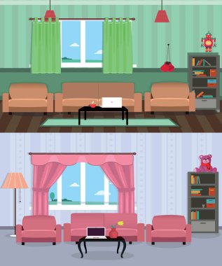 İç odası genç erkek ve kız. Düz tasarım vektör çizim odası iç yatak, gardırop, pencere ve lamba.