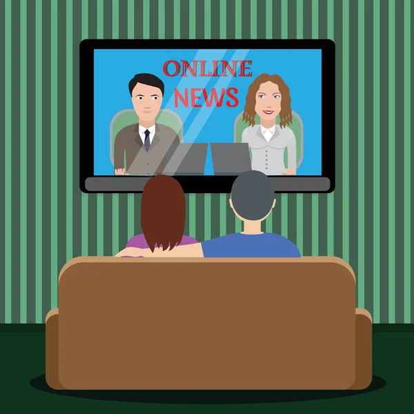 La gente viendo noticias en la televisión. Hombre y mujer sentados en el sofá de la habitación y viendo la televisión — Archivo Imágenes Vectoriales