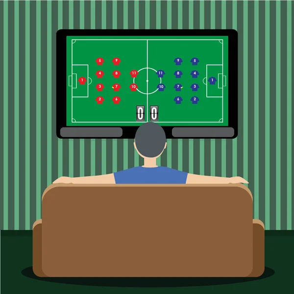 Man op de Bank thuis en voetbal kijken of voetbalwedstrijd op Tv, vectorillustratie — Stockvector