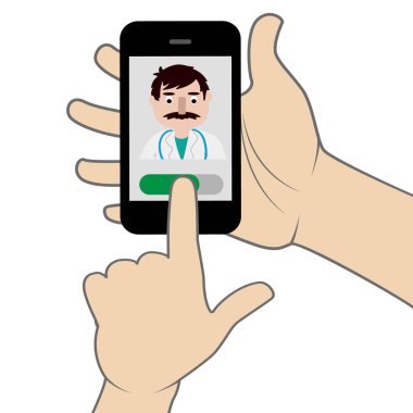 Tıbbi Danışma kavramı. Doktor aramak için smartphone tutan el.