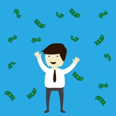 Bir sürü para ile mutlu bir iş adamı. Banknot yağmuru