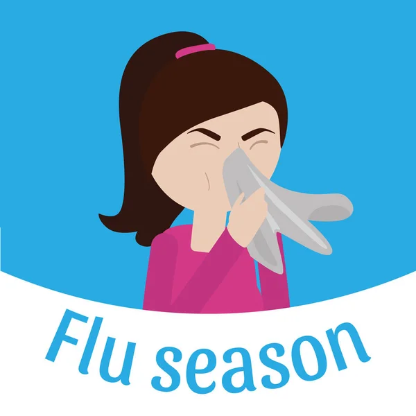 Flu musim depan. Ilustrasi datar Vektor wanita muda yang sakit . - Stok Vektor