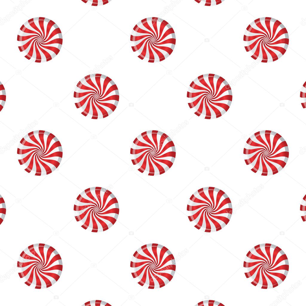 Candy seamless vector pattern. Red and white round swirl candy on white background.