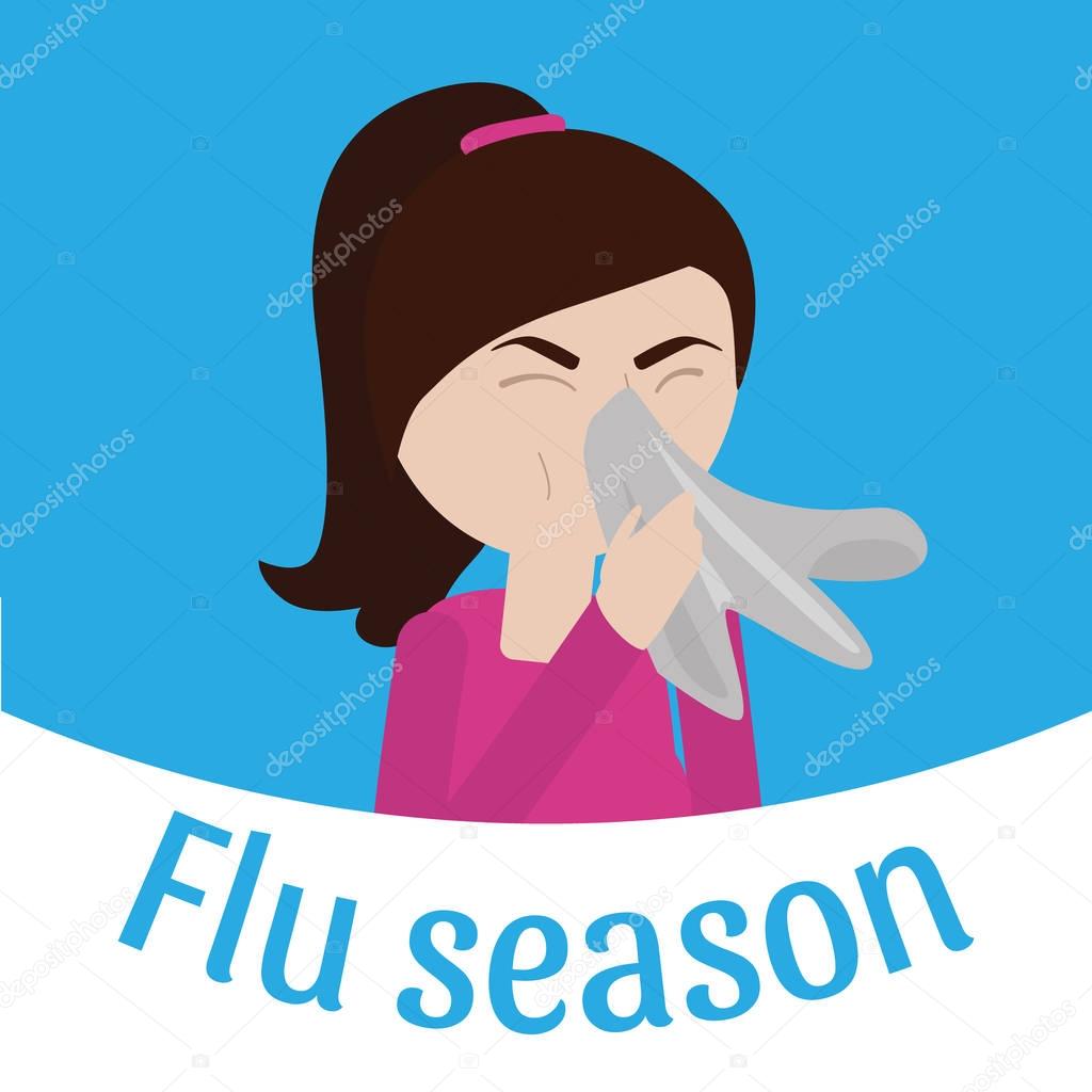 Flu season ahead. Sick young woman Vector flat illustration.