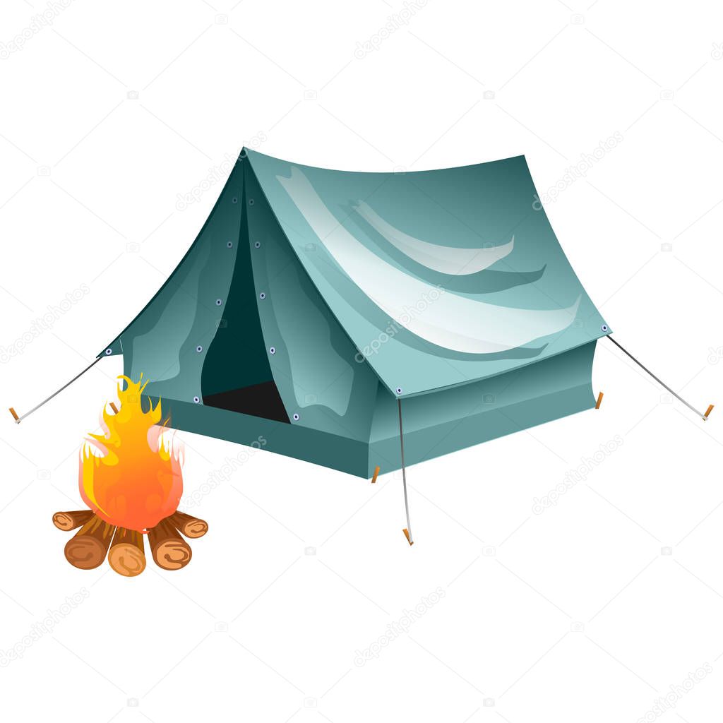 Cartoon tent and set bonfire isolated. Objects bonfire, tents. Tents camping. Vector tent illustration.