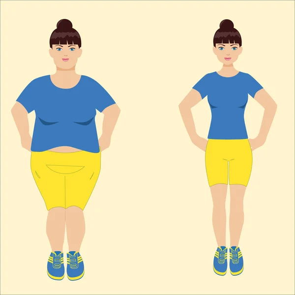 Жирная и стройная женщина, до и после потери веса — стоковый вектор