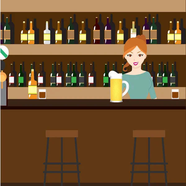 Bar Restaurante con chica en estilo plano. Banner vectorial de interior con mostrador de bar, sillas de bar y estantes con alcohol . — Vector de stock