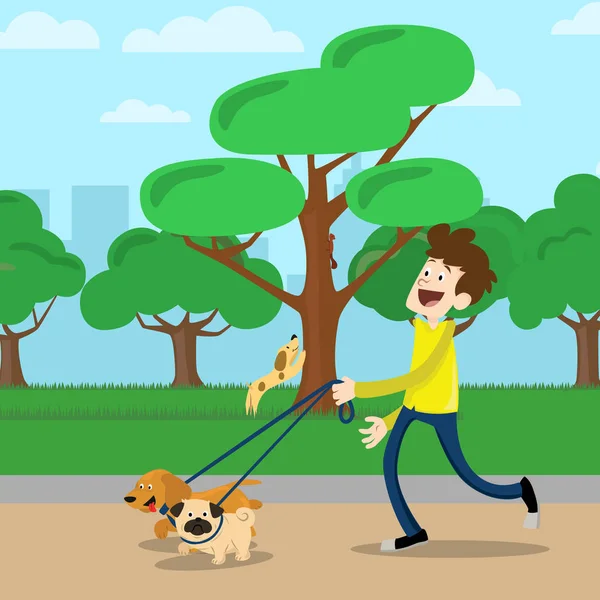 Молодой человек выгуливает собаку в парке — стоковый вектор